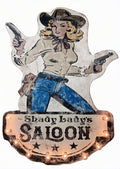 Decorative marquee sign featuring a woman in a cowboy hat with the text 'The Shady Lady's Saloon'.